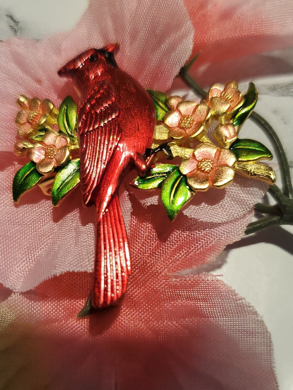 JJ Artitfacts Red Cardinal Brooch with Pink Flowers